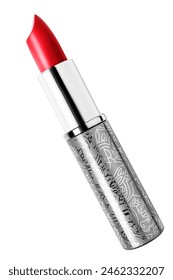 Red lipstick elegant silver tube case isolated on white background