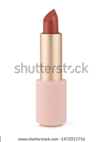 Red lipstick isolated on white. Velvet matte satin airy lip stick new open.