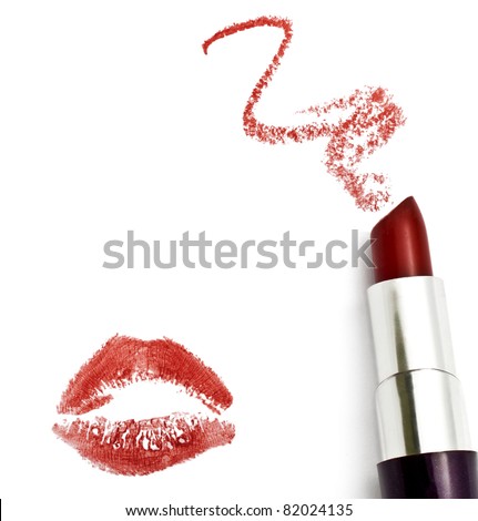 Red lipstick with a kiss on white background
