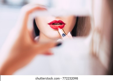 Red Lipstick Makeup Seductive Sensual Provocative Sexy Woman Lips Concept