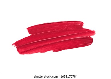 Red lipstick mark on a white background isolated. Lip gloss smear. Products for makeup and skin care. Beauty cosmetics. Cosmetology. Closeup.