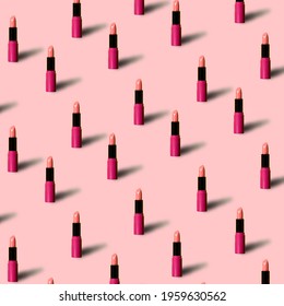 Red Lipstick On Pink Colored Background In Pop Art Style. Minimal Makeup Cosmetic Pattern