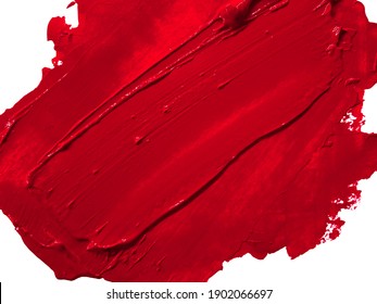 Red Lipstick Smudged Background. Lipstick Or Other Makeup Product Swatch. Acrylic Paint Smeared Texture. Red Gouache Brush Painted Wallpaper. Can Be Used As An Advertisement Banner, Text Background.