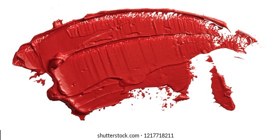 Red Lipstick Swatch. Textured Hand Drawn Red Oil Paint Brush Stroke Painting, Convex With Shadows, Isolated On White Background