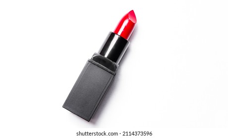 Red Lipstick Tube On  White Background. Beauty Industry Concept