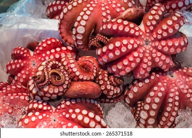 Red Live Octopus At Tsukiji Fish Market, Tokyo, Japan