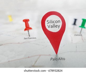 Red locator on a map of Silicon Valley and San Francisco California                         