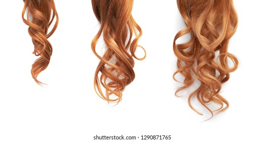 Red Long Wavy Hair On A White Background. Growth Process Step By Step