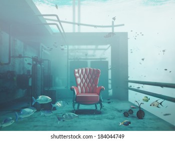 red luxury armchair underwater. CG and photo compilation concept