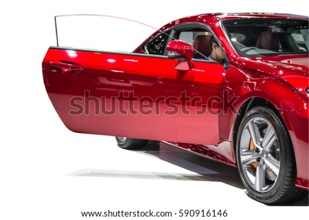 Red luxury car, Rear-side view of a luxury car, isolated background