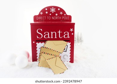 Red mailbox for Christmas mailings with letters to Santa Claus and Elf.