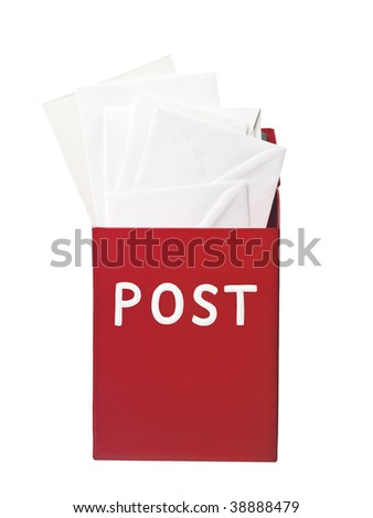 Red mailbox with mail in it isolated on a white background