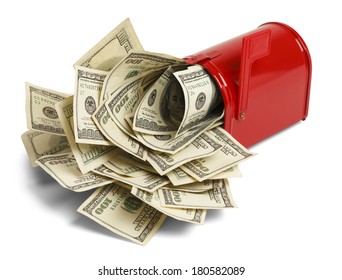 Red Mailbox With Money Stuffed Inside Isolated On White Background.