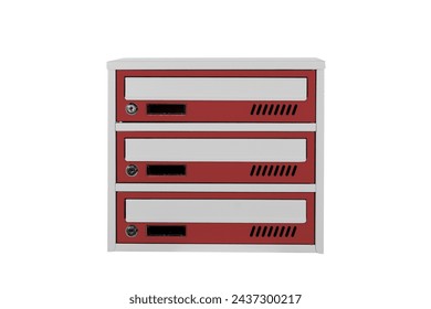 Red mailboxes on the white background isolated. Mail box entrance of apartment house. Metal mailbox