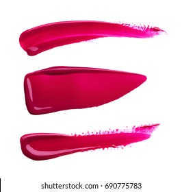 Red Makeup Smear Of Lip Gloss Isolated On White Background. Red Lipstick Texture Isolated On White Background