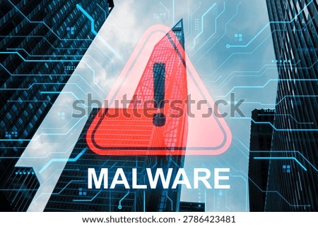 Red malware warning sign over cityscape with glowing tech lines on sky background, concept of cyber threat and digital danger