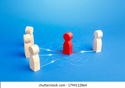 The red man acts as a mediator between people. Business mediation service. Simplification of the negotiation process, elimination of bureaucratic obstacles and barriers. Communication - Shutterstock ID 1794112864