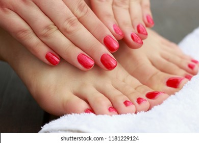 Red Manicure And Pedicure