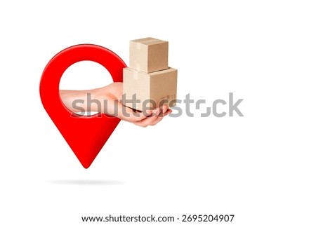 Red map pin and a hand with boxes on white. Address delivery and last-mile logistics concept.