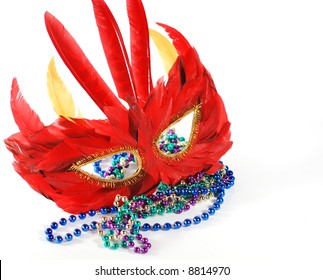 Red Mardi Gras Mask With Beads