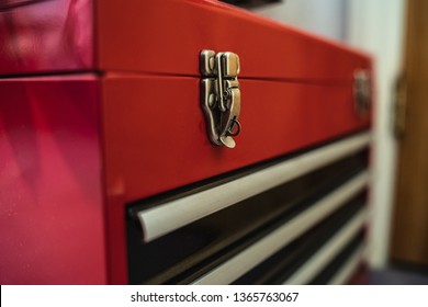 Red Mechanics Tool Box With Clasp Lock Fitted And Silver Drawers