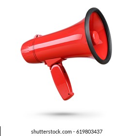 Red megaphone isolated on white background. File contains a path to isolation.