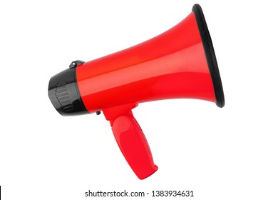 Red megaphone on white background isolated close up, hand loudspeaker design, red loudhailer or speaking trumpet illustration, announcement or agitation symbol, media or communication icon, alert sign