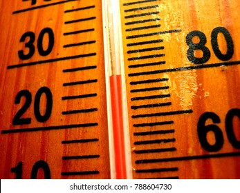 Red Mercury In Thermometer Got To 26 Degree Celsius And 80 Degree Fahrenheit On The Brown Wood Scale