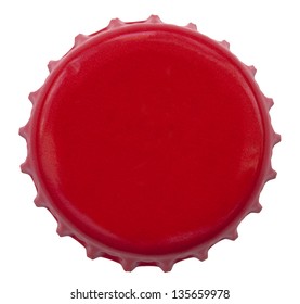 A red metal bottle cap used on glass bottles. Shot directly above, isolated on white background.