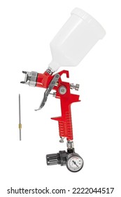 red metal paint sprayer with top plastic tank, pressure regulator isolated on a white background close-up - Shutterstock ID 2222044517
