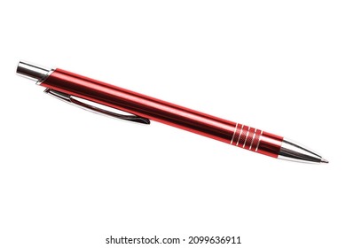 Red Metal Pen Isolated On White. Single Object Cutout. Office Utilities Background. Empty Copy Space Signing Business Deal Background.