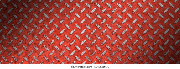 Red Metal Plate Or Diamond Plate Surface Texture Background With Copy Space