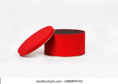 Red Metal Round Open Box On White Background