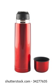 Red Metal Thermos  With Cup Nearby