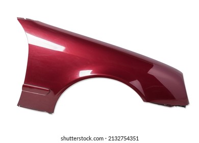 Red metallic fender on a white isolated background in a photo studio for sale or replacement in a car service. Mudguard on auto-parsing for repair or a device to protect the body from dirt. - Shutterstock ID 2132754351