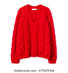 Red Mohair Knit V-Neck Sweatshirt Isolated On White. Woman's Long Sleeves Cashmere Oversized Cable Turtleneck. Modern Lady Wool Sweater Front View. Beauty & Fashion. Jerseys Clothing Garment Apparel