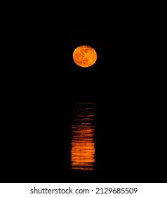 Red Moon With Reflection On Lake Champlain