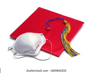 Red Mortar Board Graduation Hat With N95 Mask.