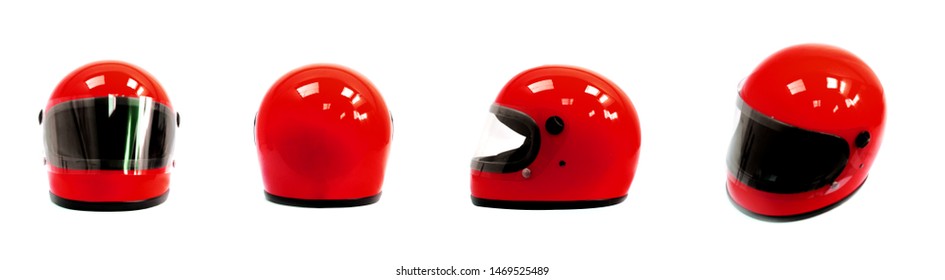 Red motorcycle helmet, front, back and  side on a white background. - Shutterstock ID 1469525489