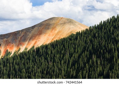 Red Mountain And Green Pine Trees At County Rd 8, Ophir Pass, From Silverton To Telluride, CO, USA