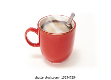 Red Mug Of Coffee On A White Isolated Background.