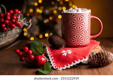 A red mug with a festive pattern sits on a wooden table surrounded by pine cones, red berries, and Christmas lights, evoking a warm holiday atmosphere. - Powered by Shutterstock