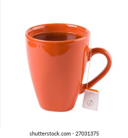 Red Mug With Tea And Tea Bag Isolated On White With Clipping Path