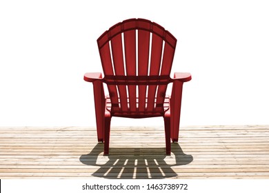 A red Muskoka chair sitting on a dock isolated on a white background.