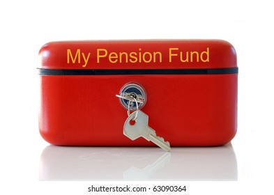 Red my pension fund cash tin isolated over white