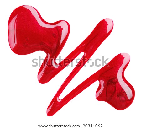 Red nail polish (enamel) drops sample, isolated on white