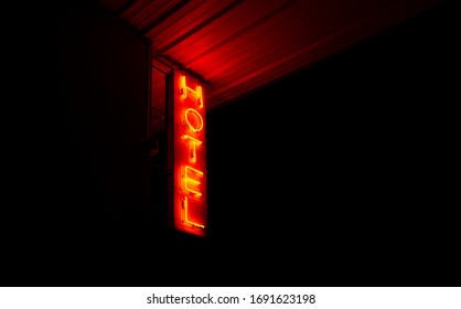 Red neon hotel sign in Marfa, Texas