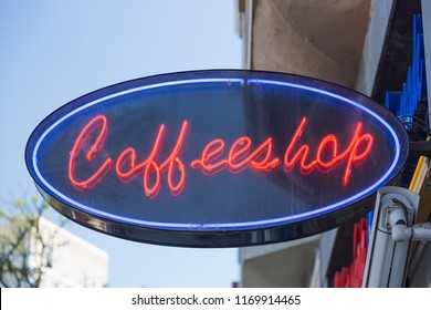 Red Neon Sign Of A Coffeeshop Coffee Shop In Amsterdam, Netherlands.