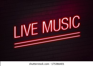 Red neon sign with live music text on wall glow