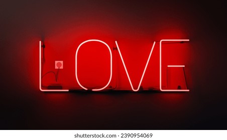 red neon sign with the word LOVE on wall and plugged-in cable. 3d illustration
